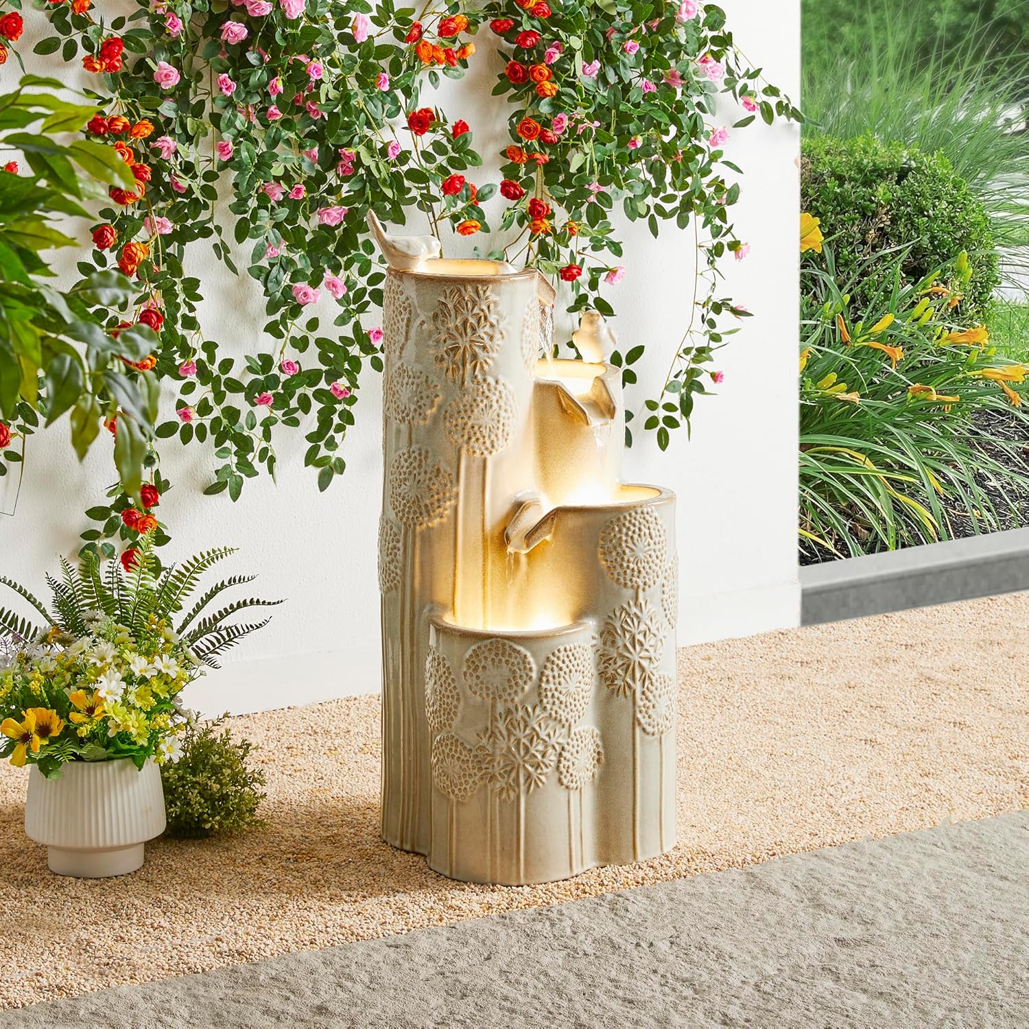 Outdoor Water Fountain with LED Lights and Pump, 4 Tier Dandelion Texture Vase Shaped Ceramic Floor Standing Fountain with Birds for Porch Deck Garden Patio Backyard, Turquoise