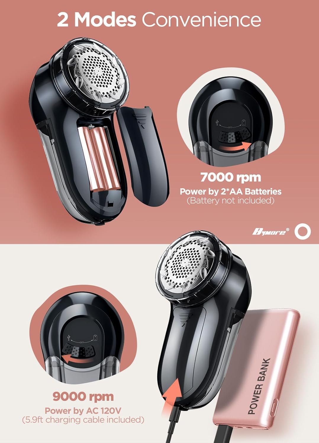 Bymore Fabric Shaver, Lint Remover, Lint Shaver Defuzzer Sweater Shaver for Clothes and Furniture AC Adapter or Battery Operated Pill Fuzz Remover