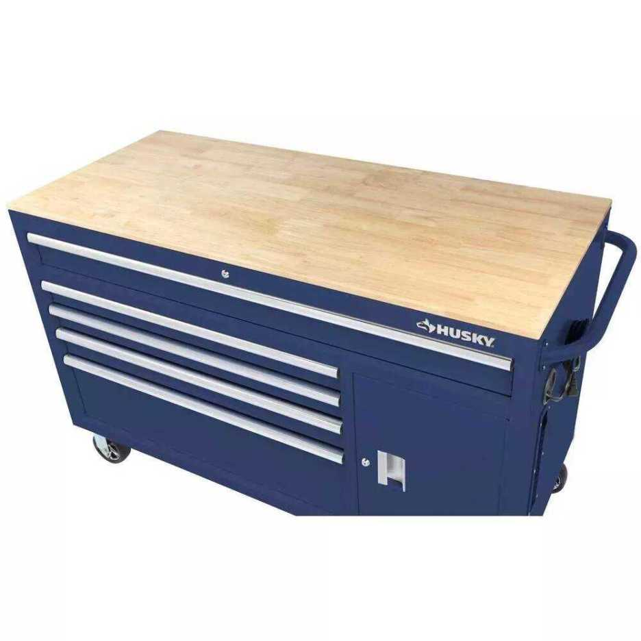 56 inches. W 5 Drawer 1 Door Deep Tool Box Mobile Workbench, Bright Blue, Hardwood Top