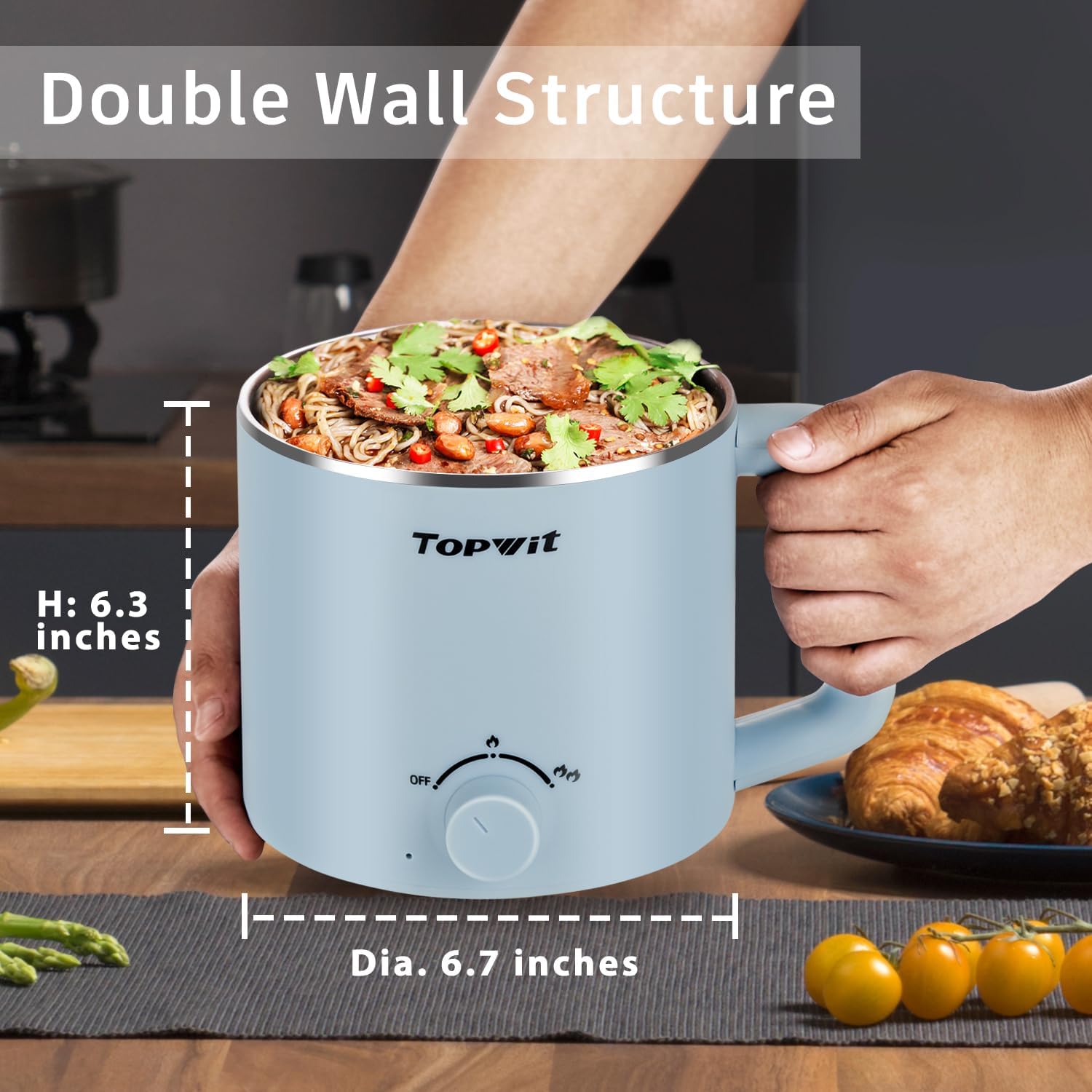 Topwit Hot Pot Electric, Electric Pot, 1.6L Ramen Cooker, Multifunctional Electric Cooker for Pasta, Shabu-Shabu, Oatmeal, Soup and Egg with Over-Heating Protection, Boil Dry Protection, Blue