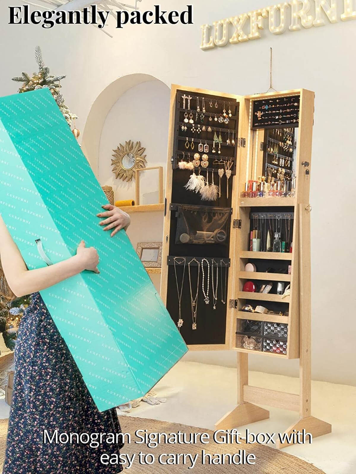 Stella 6 Standing Jewelry Armoire Full Length Mirror With Built-in Lights – Natural