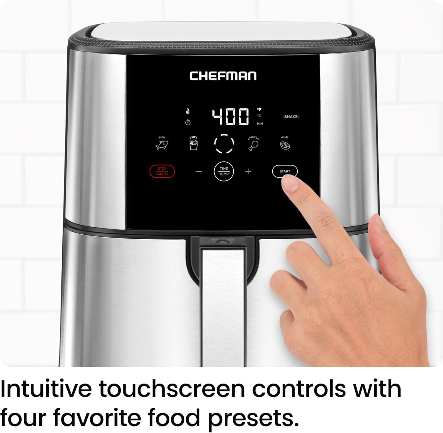 Chefman TurboFry® Touch Air Fryer, XL 8-Qt Family Size, One-Touch Digital Control Presets, French Fries, Chicken, Meat, Fish, Nonstick Dishwasher-Safe Parts, Automatic Shutoff, Stainless Steel