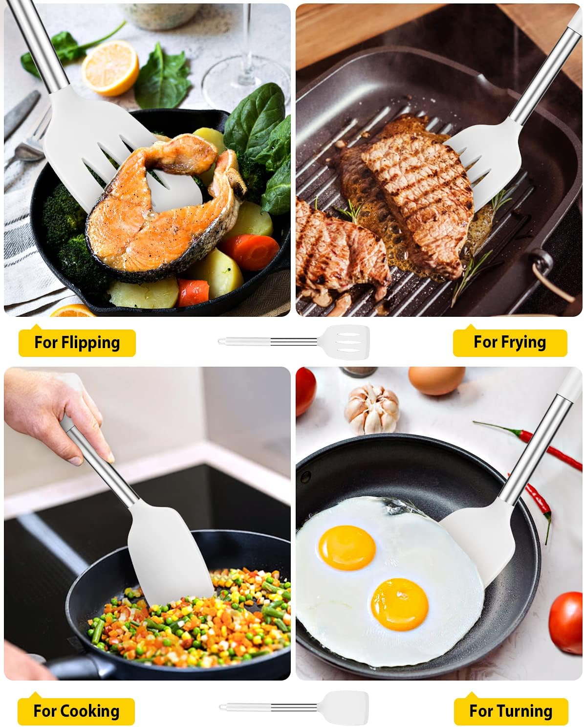 Pack of 2 Silicone Solid Turner,Non Stick Slotted Kitchen Spatulas,High Heat Resistant BPA Free Cooking Utensils,Ideal Cookware for Fish,Eggs,Pancakes (Black)