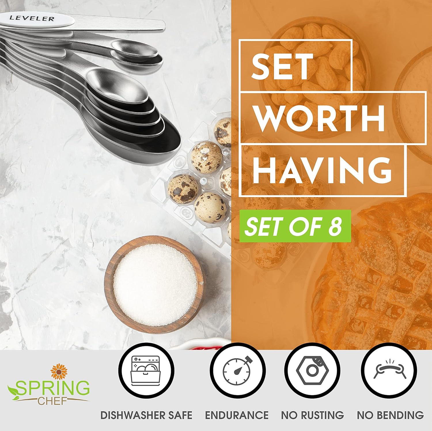 Spring Chef Magnetic Measuring Spoons Set with Strong N45 Magnets, Heavy Duty Stainless Steel Metal, Fits in Most Kitchen Spice Jars for Baking & Cooking, BPA Free, Black, Set of 8 with Leveler