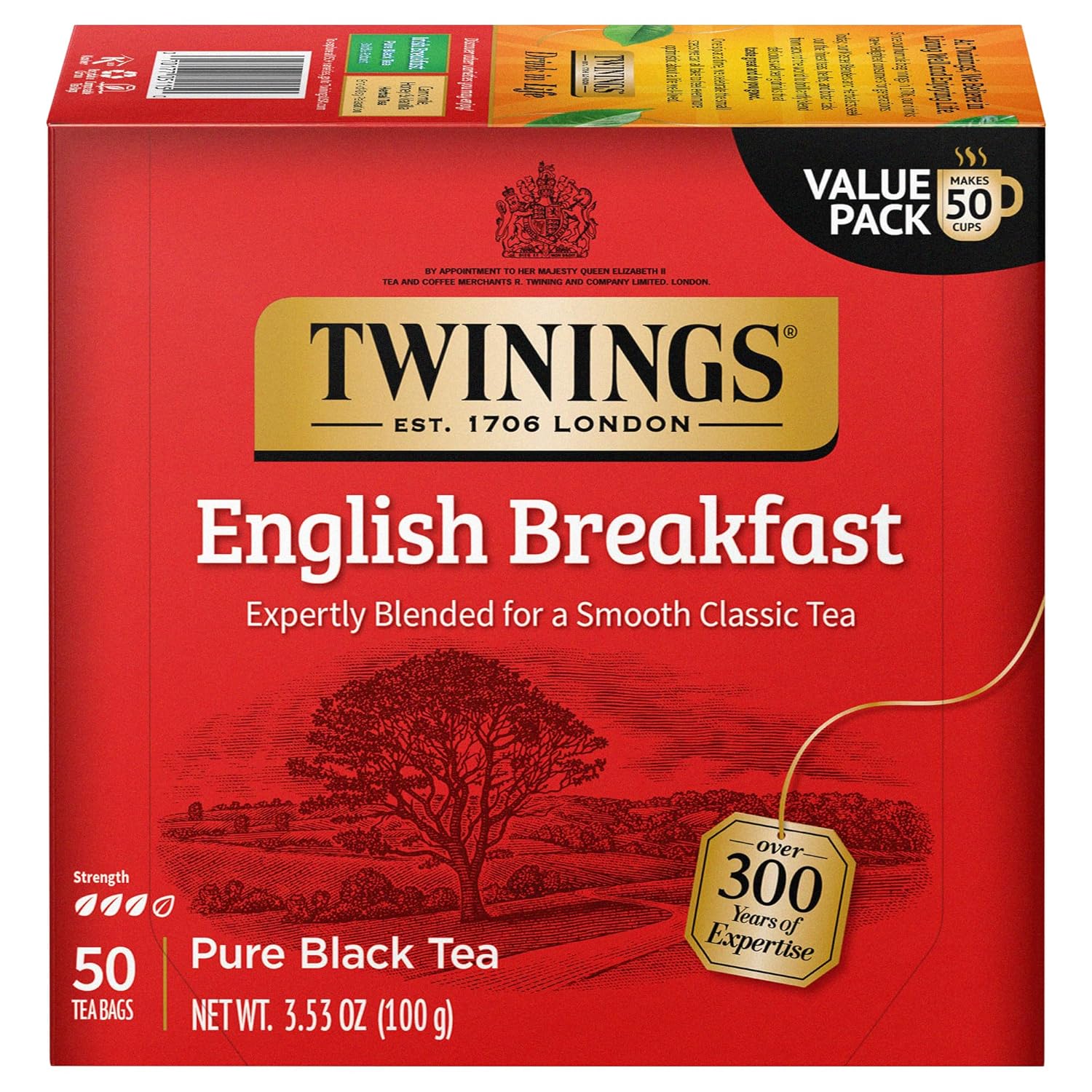 Twinings English Breakfast Black Tea Individually Wrapped Bags, 100 Count (Pack of 1), Smooth, Flavourful, and Robust, Caffeinated, Enjoy Hot or Iced | Packaging May Vary