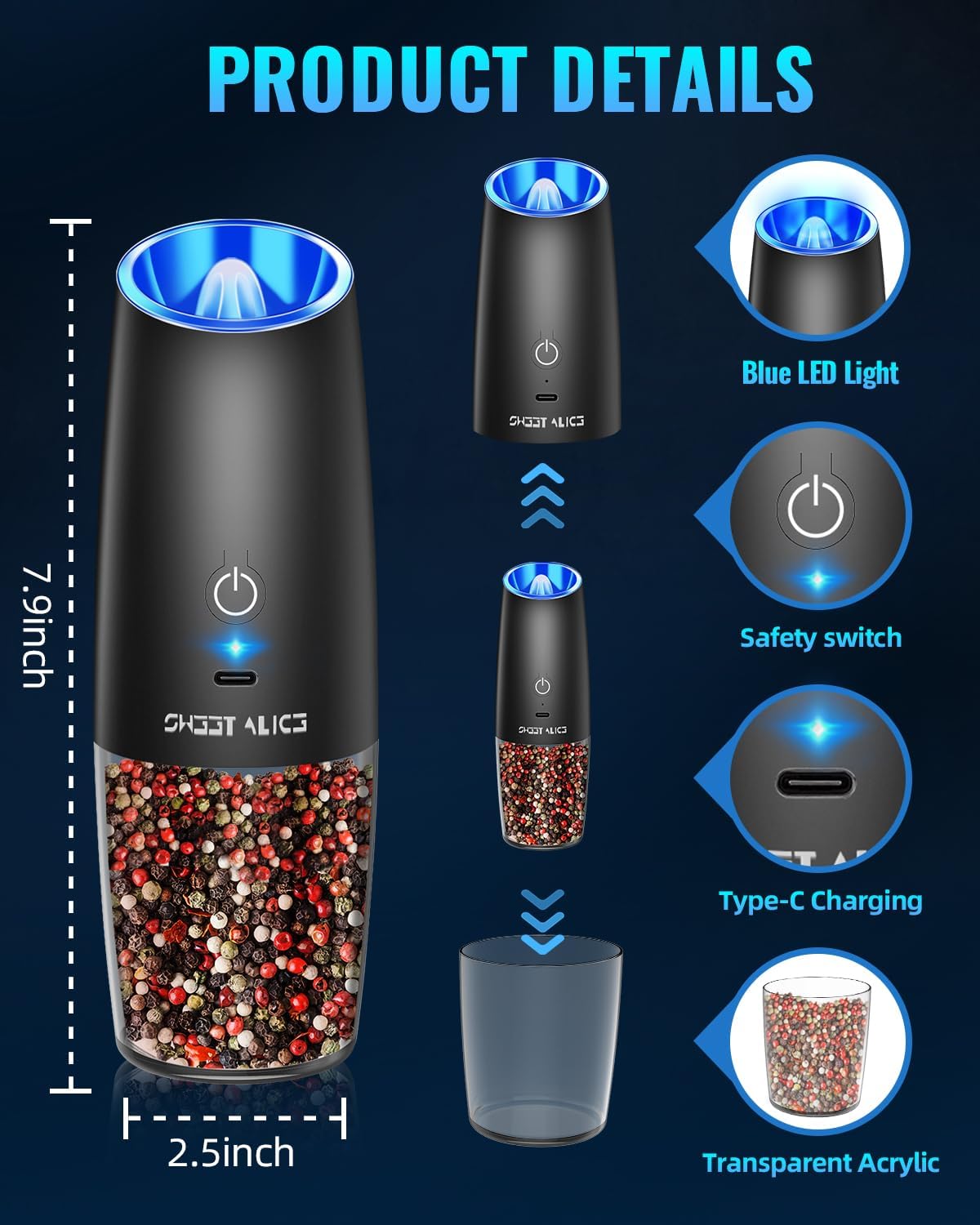 Sweet Alice Gravity Electric Pepper and Salt Grinder Set, Adjustable Coarseness, Battery Powered with LED Light, One Hand Automatic Operation, Stainless Steel Black, 2 Pack