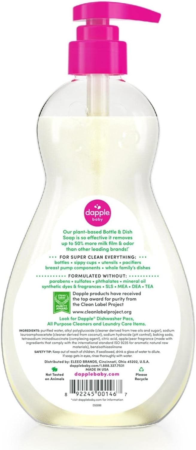 Dapple Baby, Bottle and Dish Soap Dish Liquid Plant Based Hypoallergenic 1 Pump Included, Packaging May Vary, Fragrance Free, 16.9 Fl Oz (Pack of 3)
