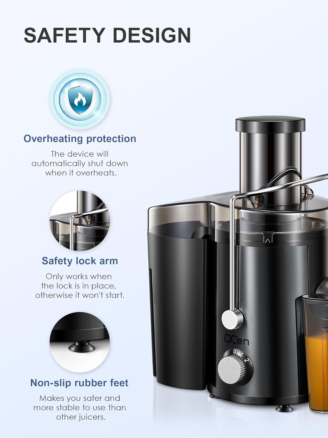 Qcen Juicer Machine, 800W Centrifugal Juicer Extractor with Wide Mouth 3” Feed Chute for Fruit Vegetable, Easy to Clean, Stainless Steel, BPA-free (Black)