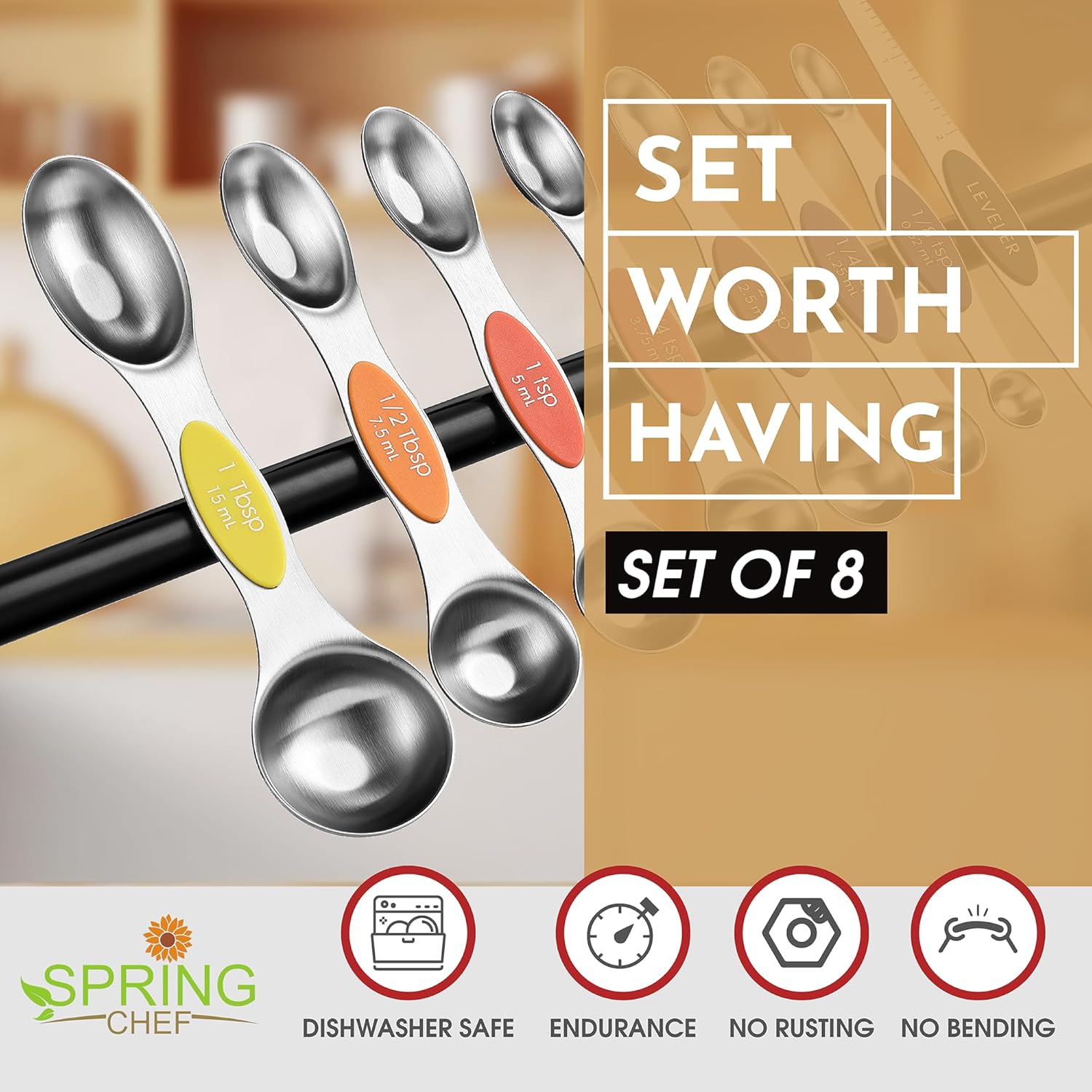 Spring Chef Magnetic Measuring Spoons Set with Strong N45 Magnets, Heavy Duty Stainless Steel Metal, Fits in Most Kitchen Spice Jars for Baking & Cooking, BPA Free, Black, Set of 8 with Leveler
