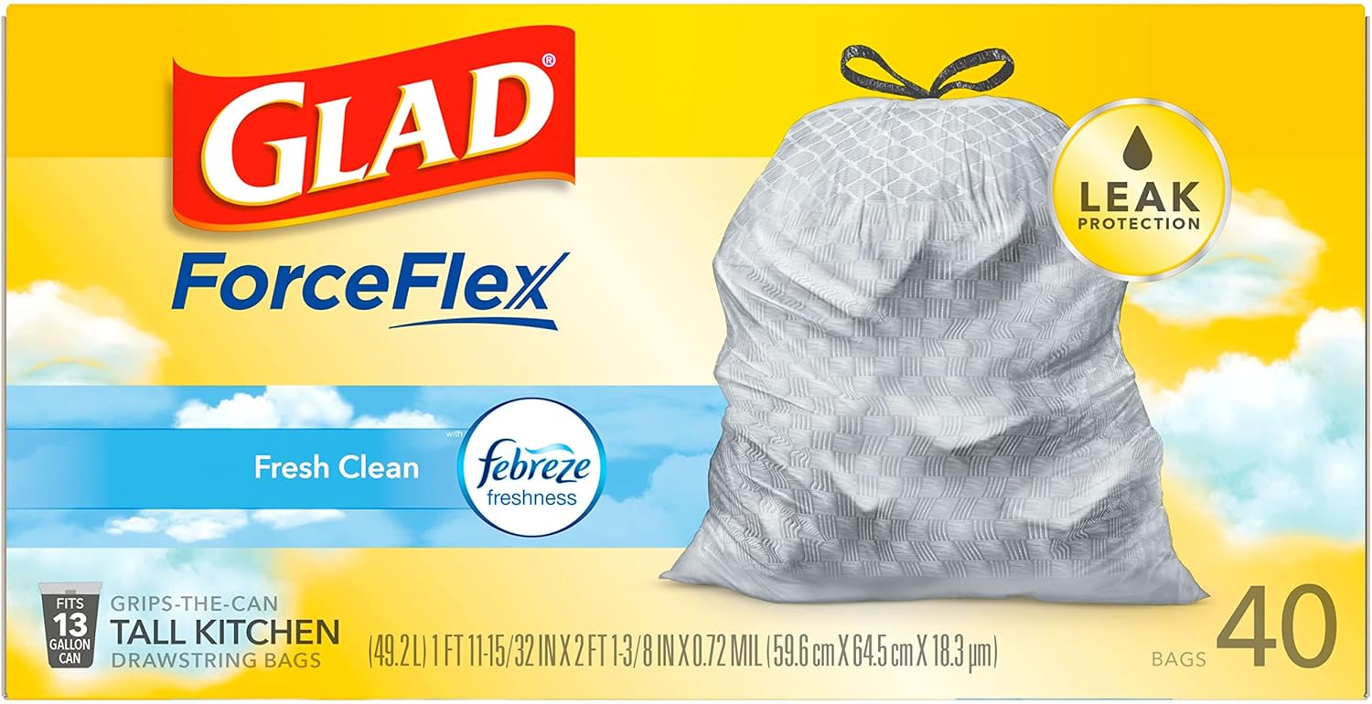 Glad Tall Kitchen Drawstring Trash Bags - Odorshield 13 Gallon White Trash Bag, Febreze Fresh Clean, 110 Count
