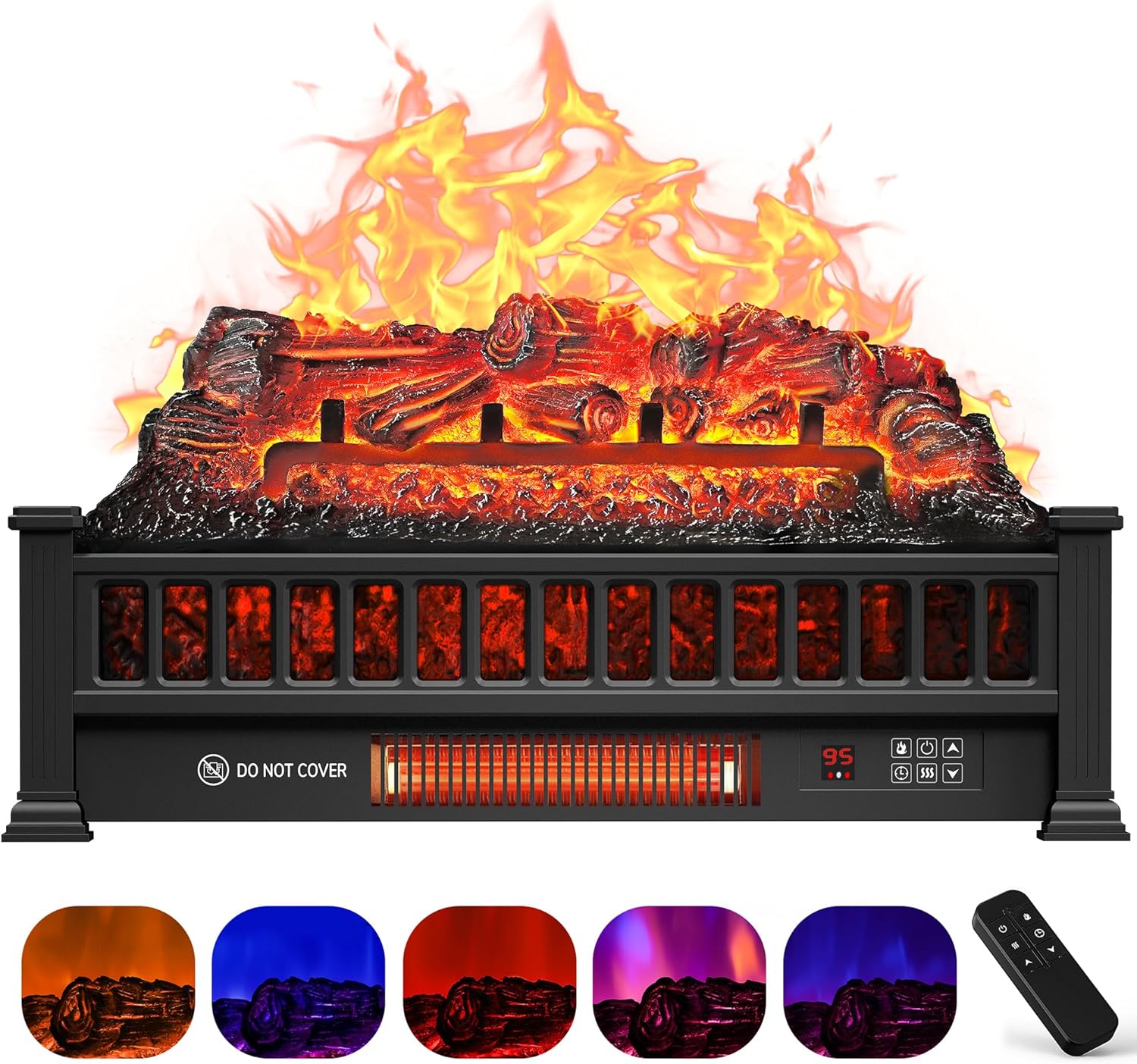 Electric Fireplace Logs 20-Inch, Remote Controller Fireplace Insert Log Heater, Adjustable Flame Colors, Realistic Fake firewood Flame, Overheat Protection, Timer, Thermostat, 1500W Black
