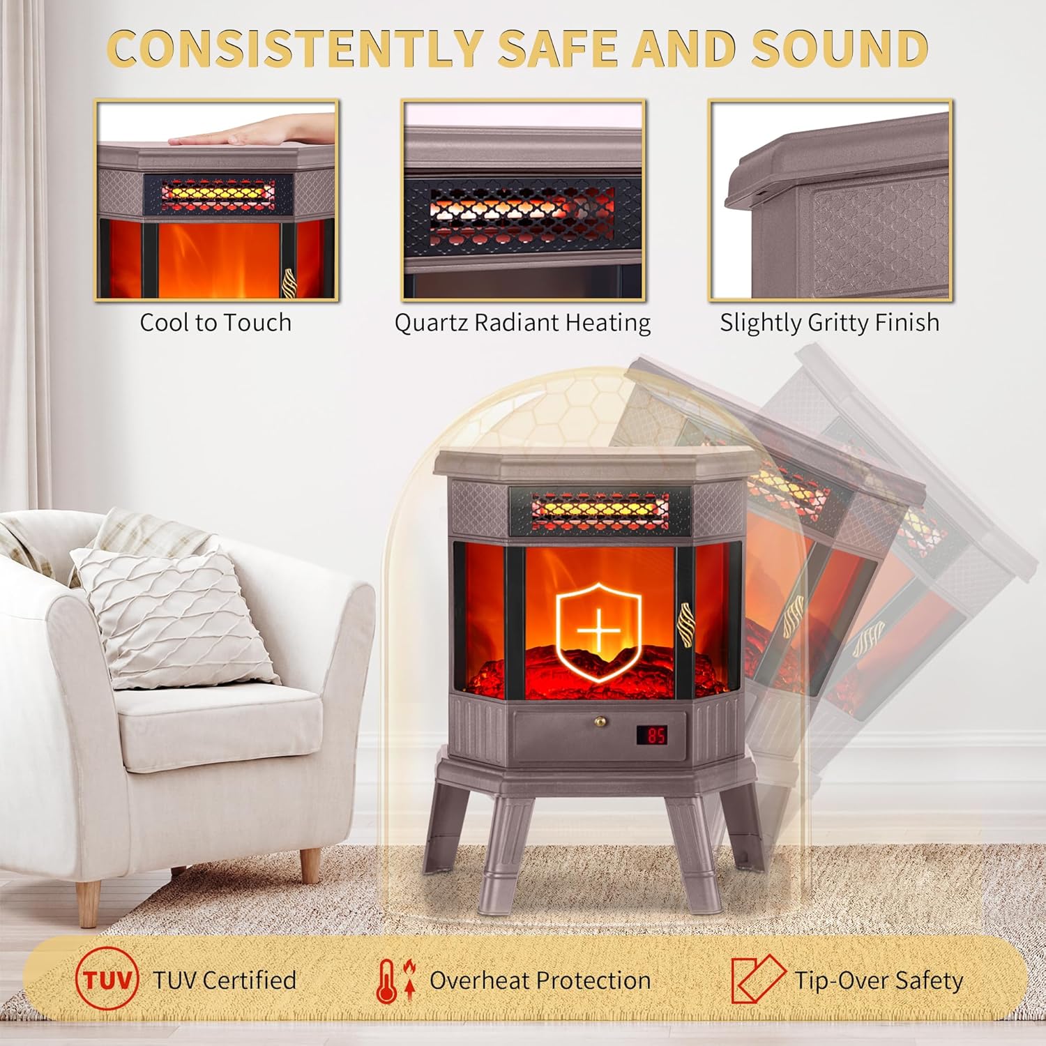 RealSmart Electric Fireplace Heater 22 in Freestanding Fireplace Stove Infrared Fireplace with 3D Flame Effect Remoted Control, Timer, Overheating Protection (Gray)