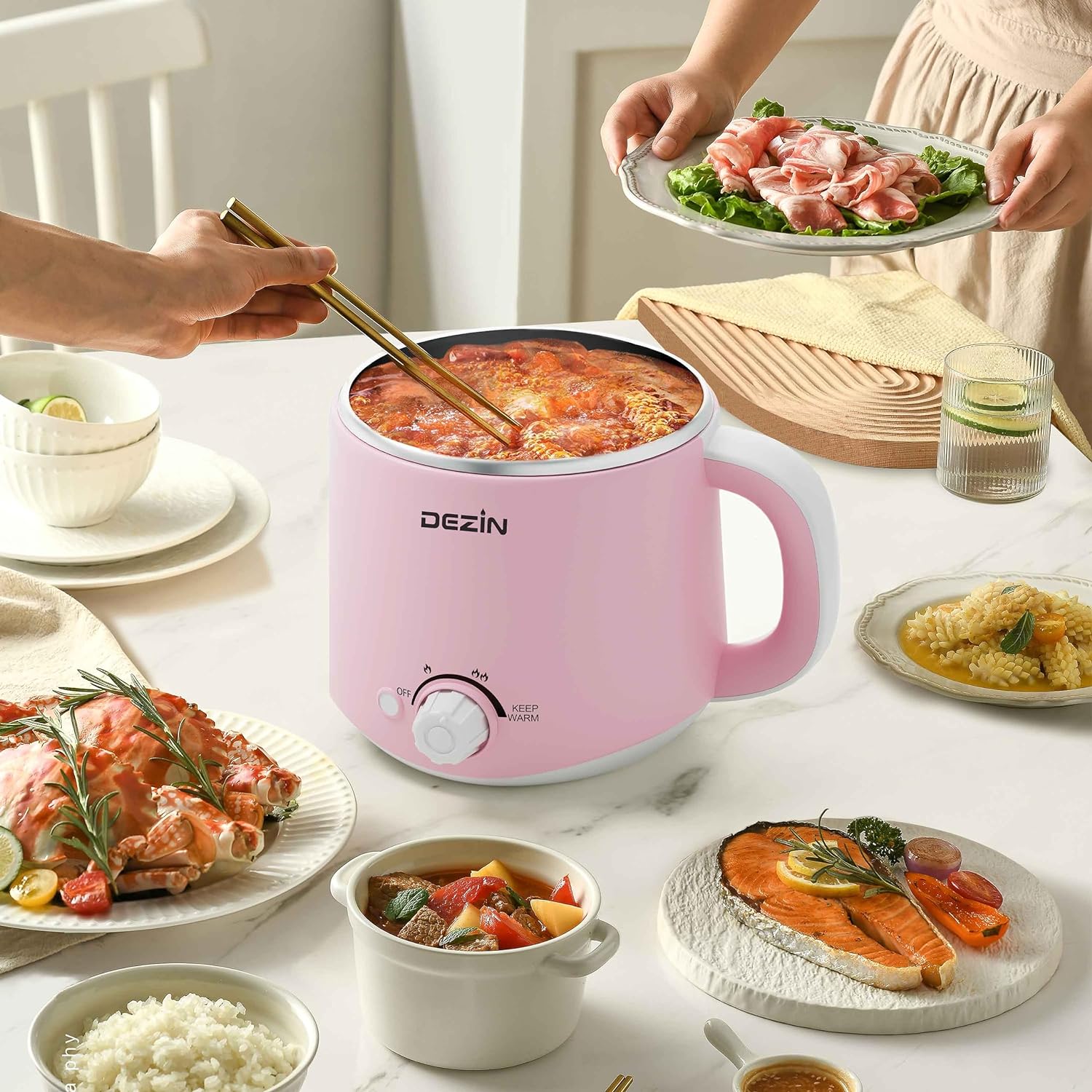 Dezin Electric Pot, 1.6L Ramen Cooker, Hot Pot Electric Stainless Steel, Multifunctional Electric Cooker for Egg, Pasta, Soup, Porridge, Oatmeal with Temperature Control and Keep Warm Function