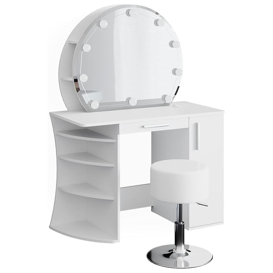 Vicco Almina Dressing Table 100 cm White with LED Lighting and Stool