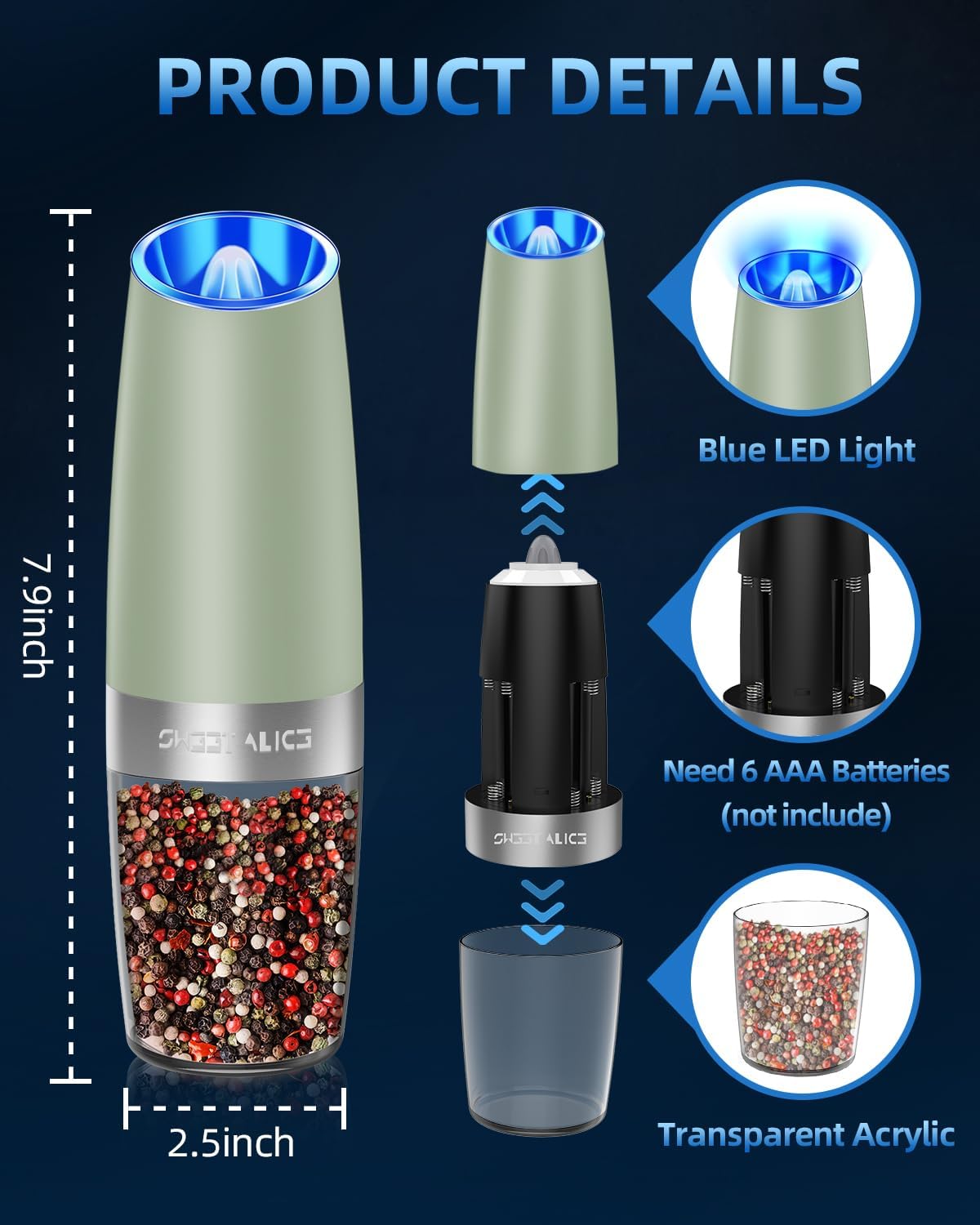 Sweet Alice Gravity Electric Pepper and Salt Grinder Set, Adjustable Coarseness, Battery Powered with LED Light, One Hand Automatic Operation, Stainless Steel Black, 2 Pack