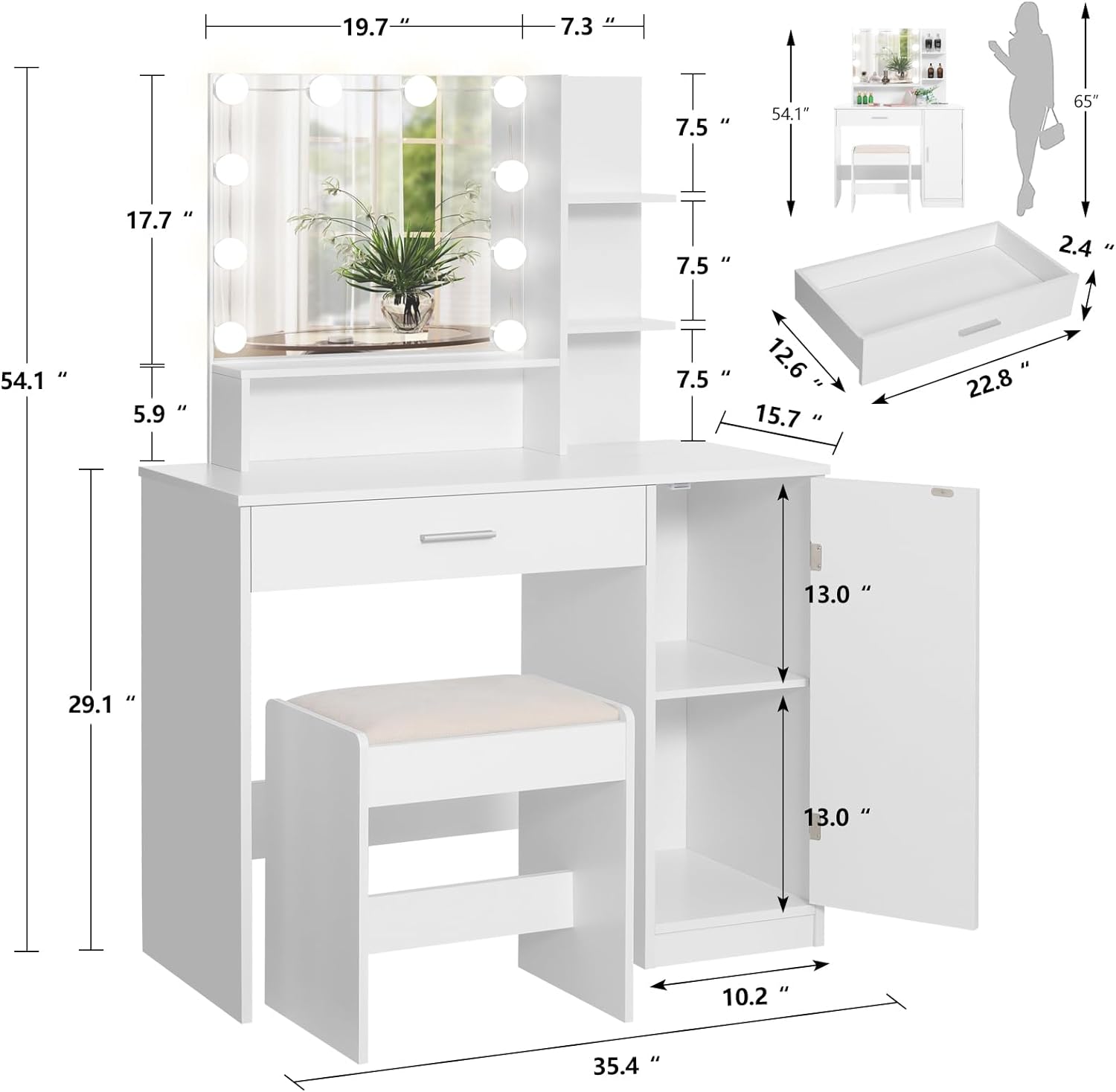 usikey Makeup Vanity Desk , Vanity Mirror with Lights and Table Set with Drawer, Cabinet & 3 Shelves, Makeup Vanity Set with 3 Lighting Modes Brightness Adjustable for Bedroom, White