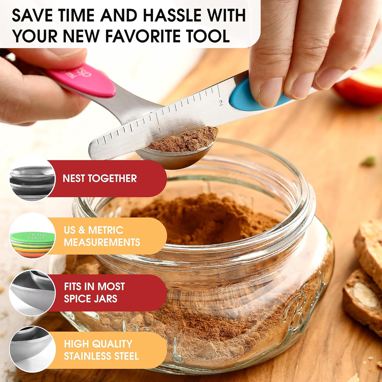 Spring Chef Magnetic Measuring Spoons Set with Strong N45 Magnets, Heavy Duty Stainless Steel Metal, Fits in Most Kitchen Spice Jars for Baking & Cooking, BPA Free, Black, Set of 8 with Leveler