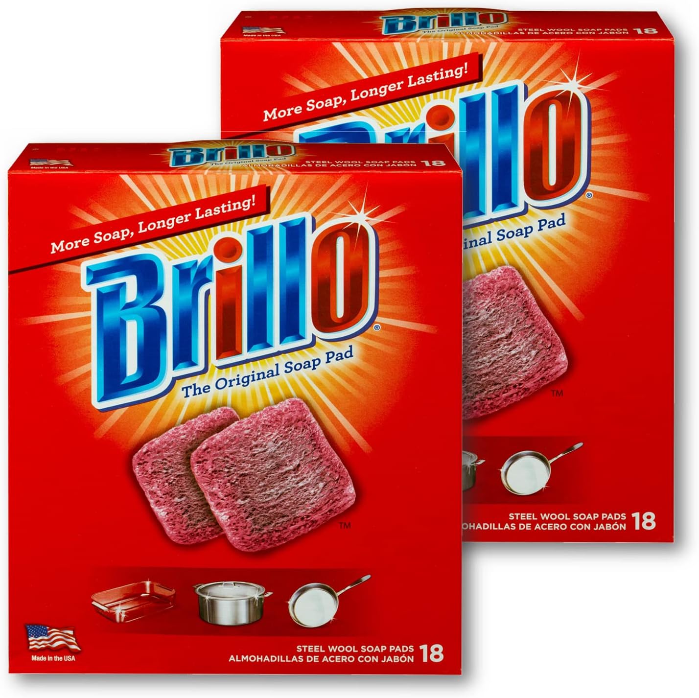 Brillo Steel Wool Soap Pads, Long Lasting, Original Scent Cleaning, 18 Count (Original, 18 Count (Pack of 2))