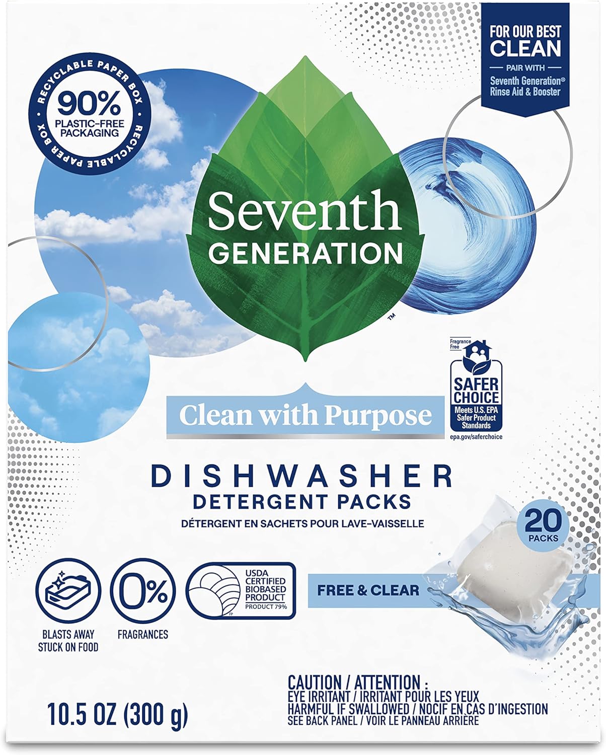 Seventh Generation Dishwasher Detergent Packs for Sparkling Dishes Free & Clear Dishwasher Tabs 45 Count, Pack of 2 (Packaging May Vary)