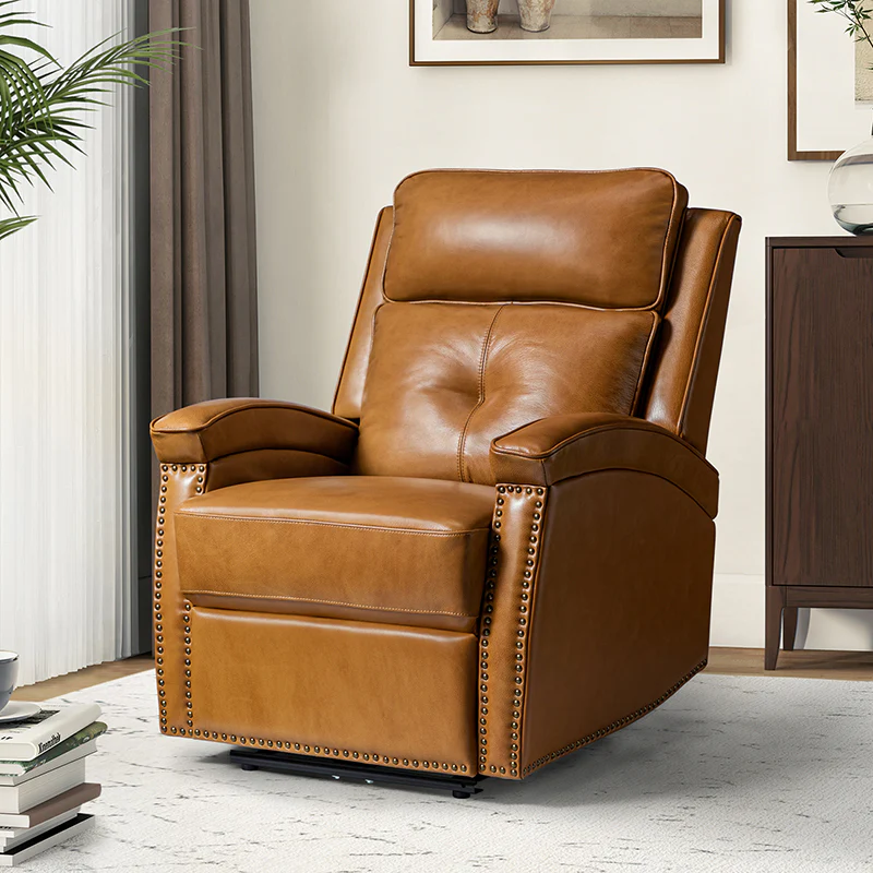 Stefan Genuine Leather Power Recliner with Nailhead Trim