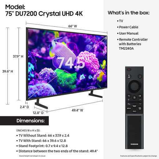 [2024 Best Choice + Free Shipping]SAMSUNG 75-Inch Class Crystal UHD 4K DU7200 Series HDR Smart TV w/Object Tracking Sound Lite, PurColor, Motion Xcelerator, Mega Contrast, Q-Symphony