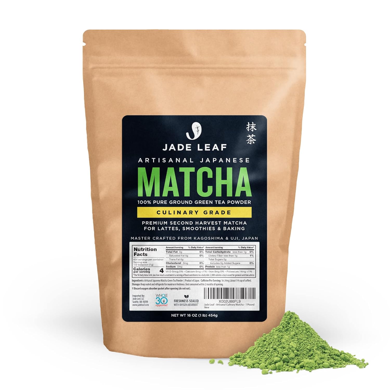 Jade Leaf Matcha Organic Green Tea Powder - Culinary Grade Premium Second Harvest - Authentic Japanese Origin (1.06 Ounce Pouch)