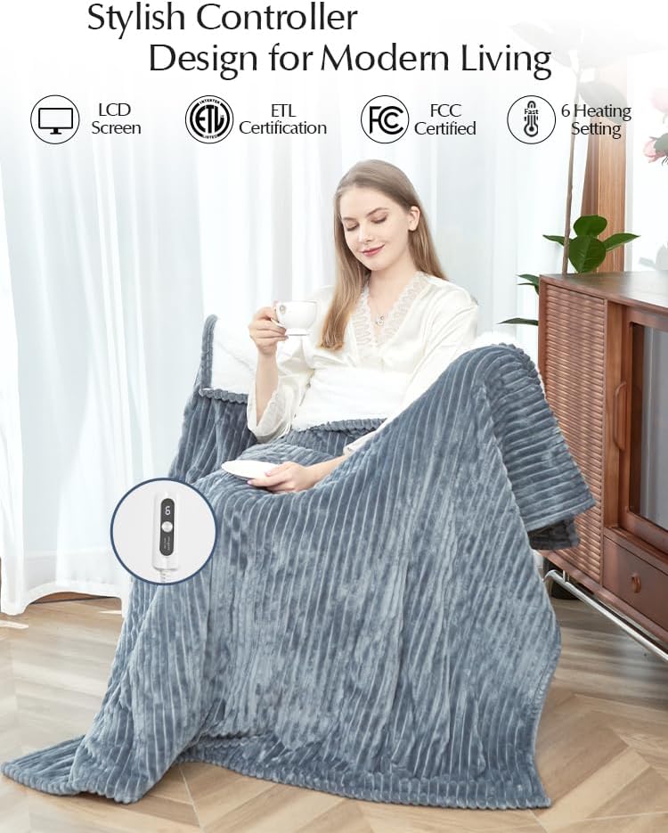 Heated Blanket Throw Size, Soft and Cozy Electric Heating Blanket for Bed, Automatic Safety System 6 Heating Levels & 4 Hours Auto-Off, 50