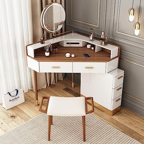 Modern Corner Dressing Table with LED Illuminated Mirror Dressing Table with 5 Drawers Piano Lacquer Solid Wood Legs Stool Dark Walnut 75 cm