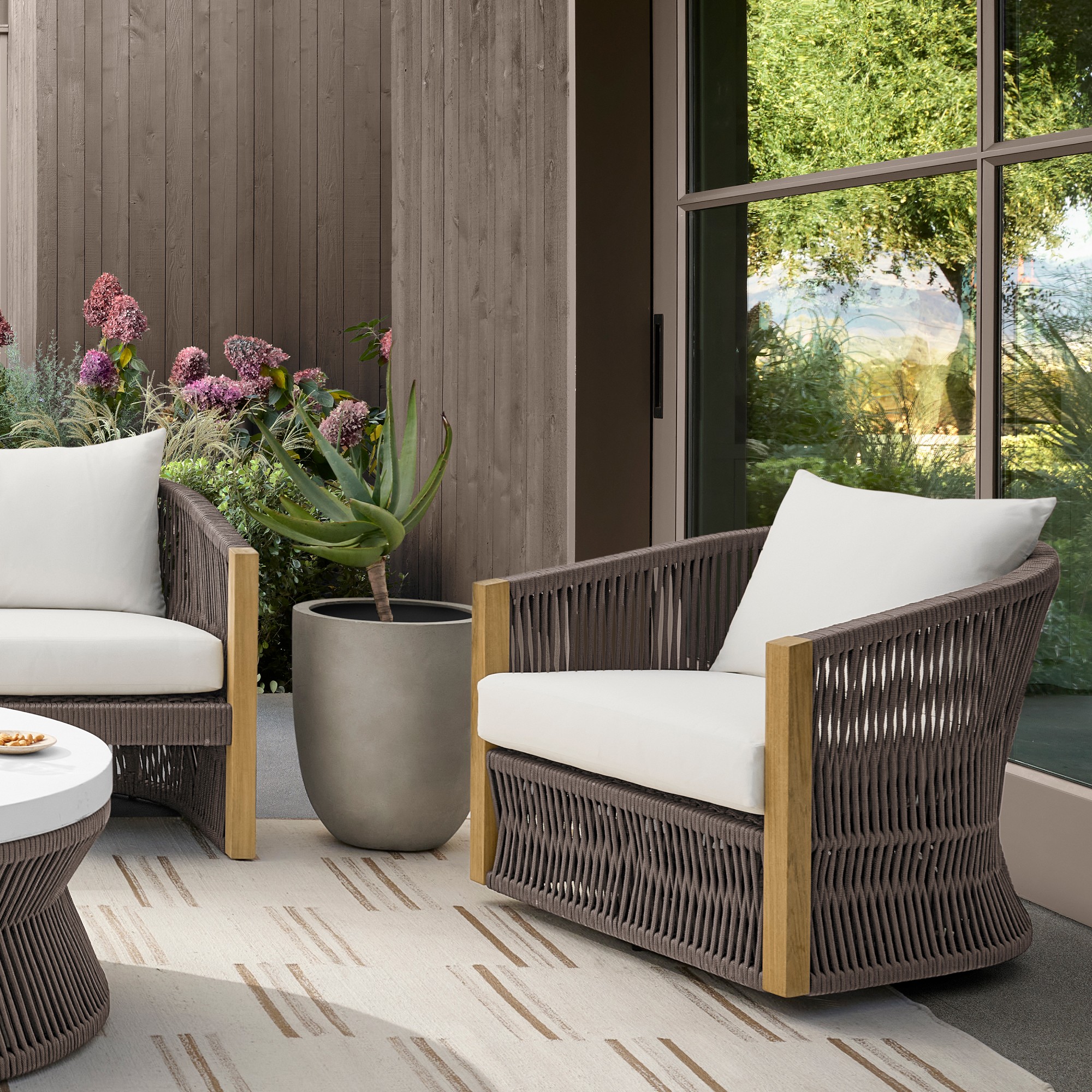 Pasadena Outdoor Teak and Brown Rope Swivel Chair