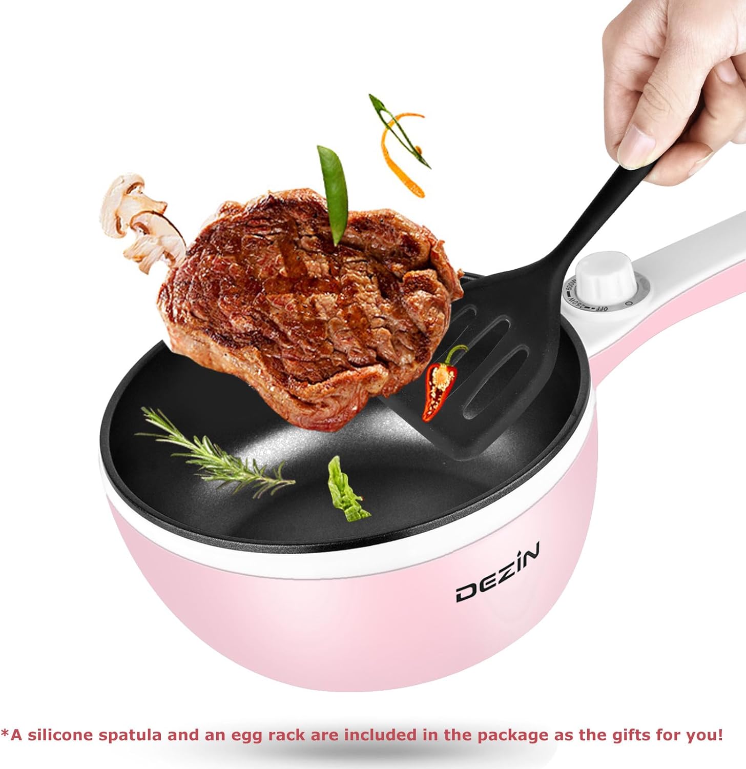 Dezin Hot Pot Electric Upgraded, Non-Stick Sauté Pan, Rapid Noodles Electric Pot, 1.5L Mini Portable Hot Pot for Steak, Egg, Fried Rice, Ramen, Oatmeal, Soup with Power Adjustment(Egg Rack Included)