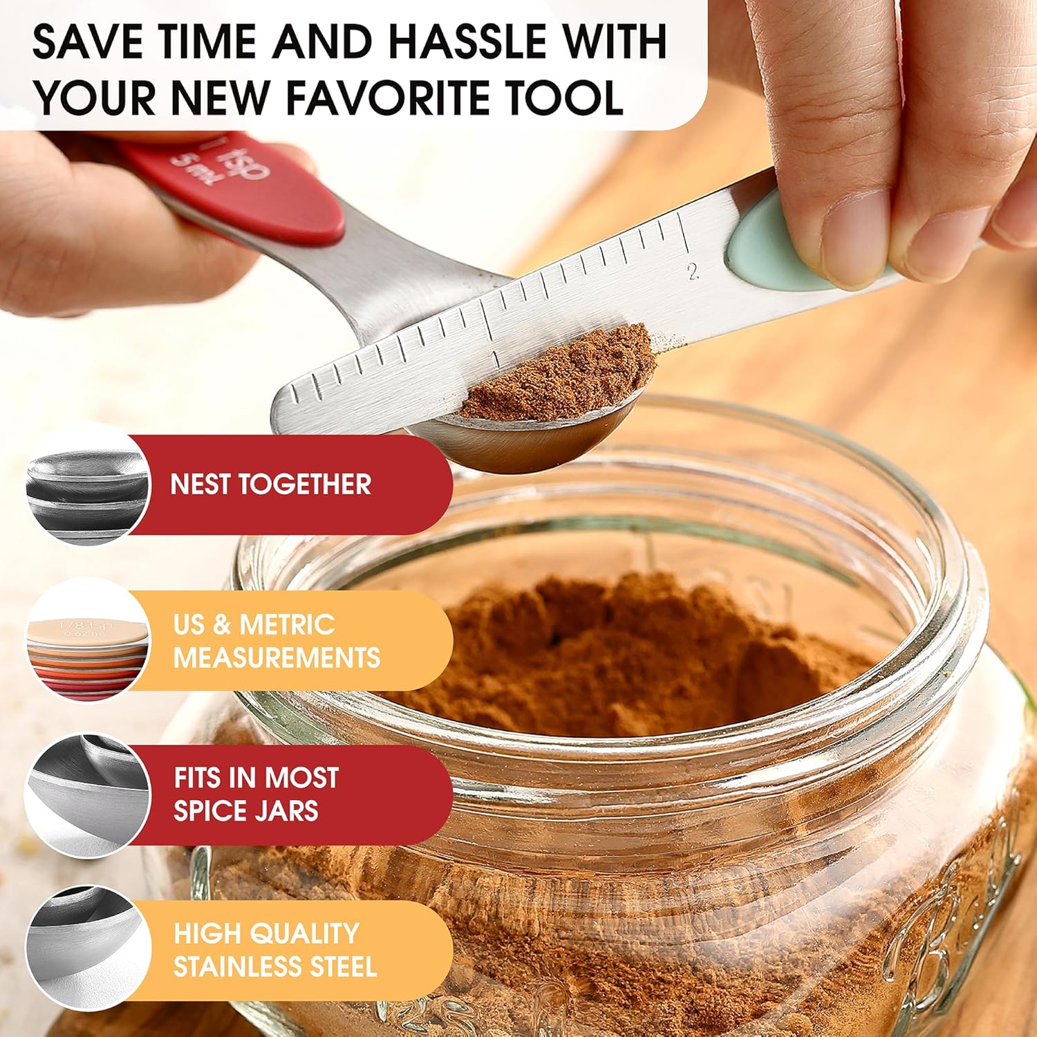 Spring Chef Magnetic Measuring Spoons Set with Strong N45 Magnets, Heavy Duty Stainless Steel Metal, Fits in Most Kitchen Spice Jars for Baking & Cooking, BPA Free, Black, Set of 8 with Leveler