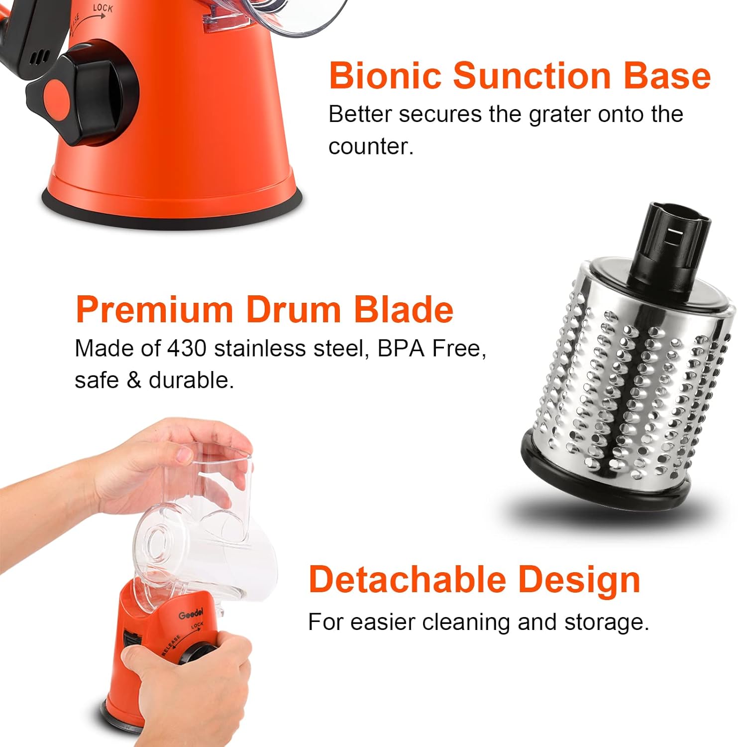 Geedel Rotary Cheese Grater, Kitchen Mandoline Vegetable Slicer with 3 Interchangeable Blades, Easy to Clean Grater for Fruit, Vegetables, Nuts