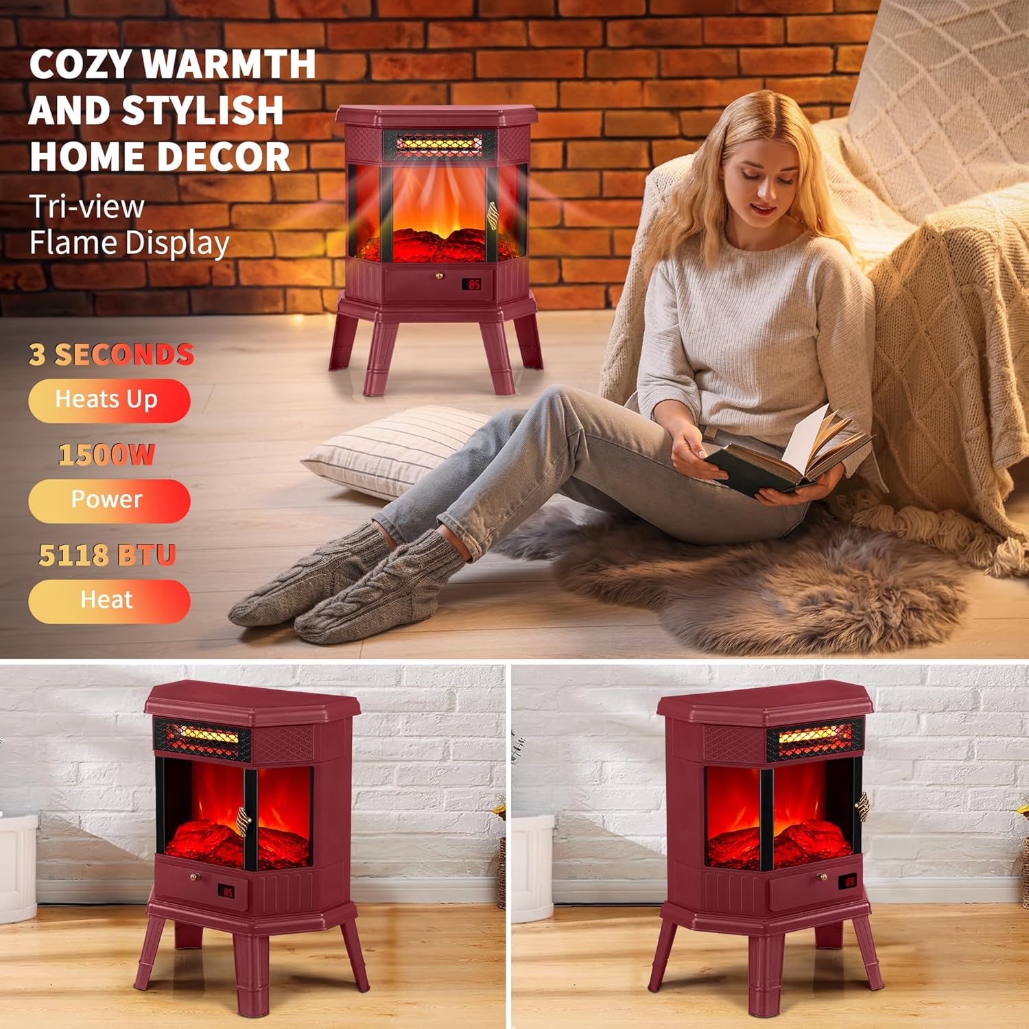 RealSmart Electric Fireplace Heater 22 in Freestanding Fireplace Stove Infrared Fireplace with 3D Flame Effect Remoted Control, Timer, Overheating Protection (Gray)