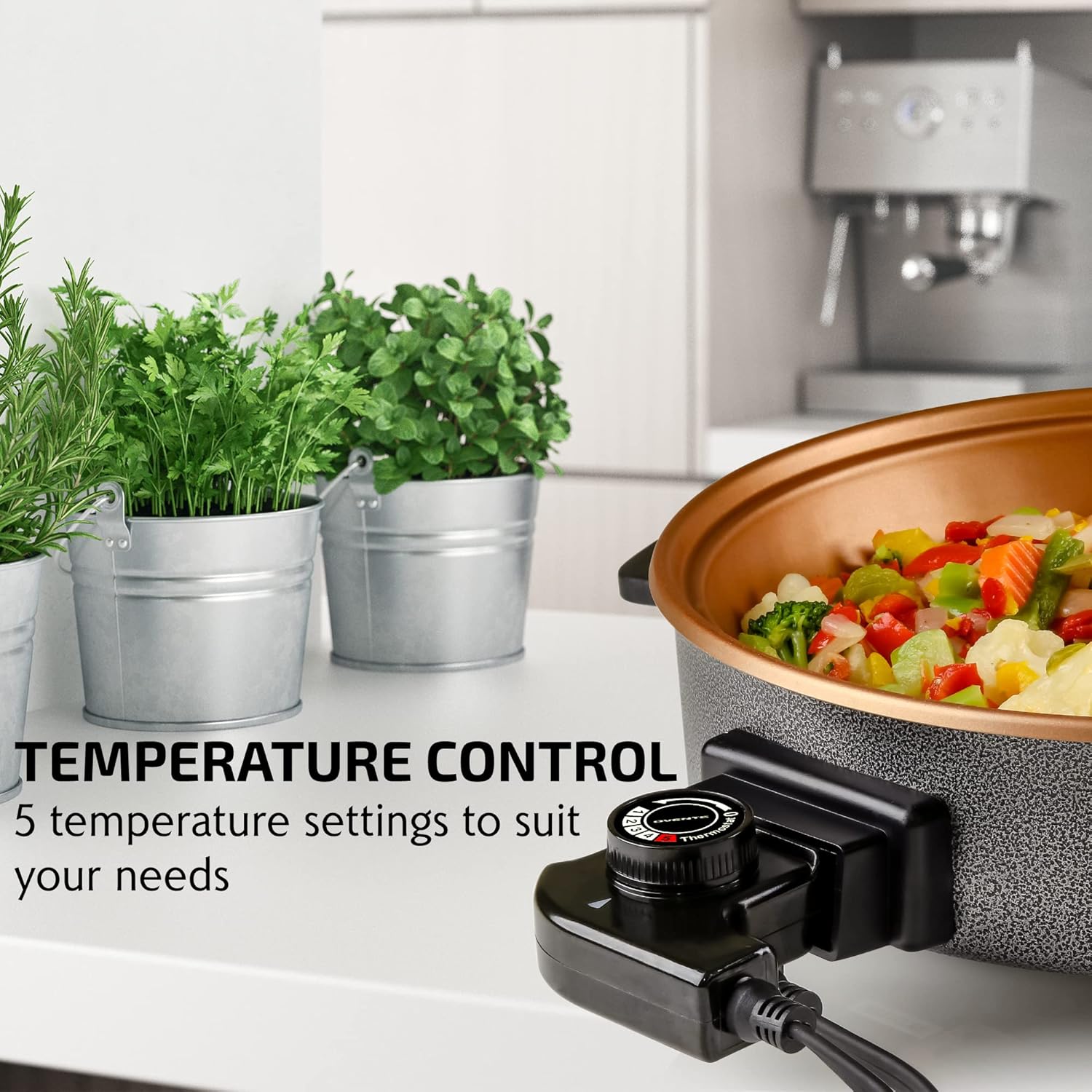 OVENTE 12 Inch Electric Skillet and Frying Pan with Nonstick Coating, 1400W Power, Adjustable Temperature Control, Tempered Glass Lid with Vent and Cool Touch Handles, Black SK11112B