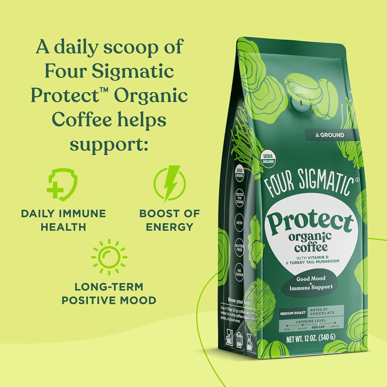 Four Sigmatic Think Mushroom Coffee | Organic Ground Coffee with Lion's Mane Mushroom and Chaga Mushroom | Nootropic Mushroom Coffee for Better Focus and Immune Support | 12oz Bag