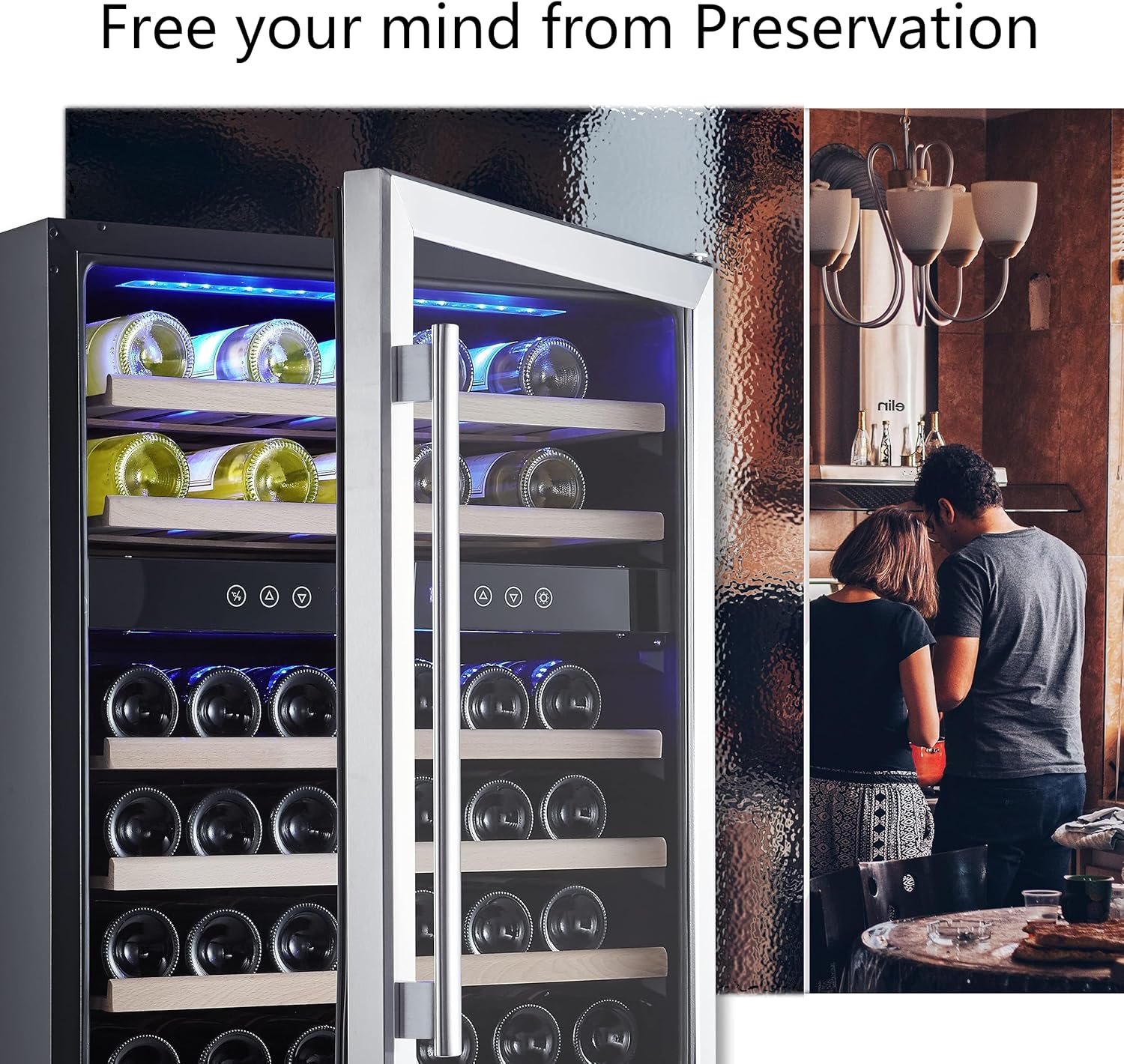 Kalamera 24 inch Wine Cooler, 46 Bottle - Dual Zone Built-in or Freestanding Fridge with Stainless Steel Reversible Glass Door, for Home, Kitchen, or Office.