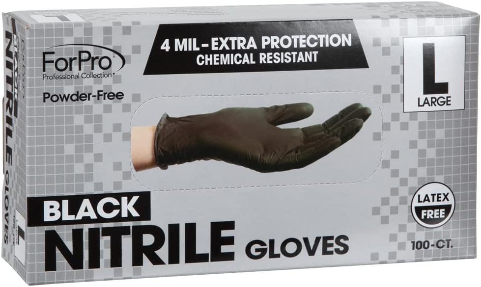 ForPro Professional Collection Disposable Nitrile Gloves, Chemical Resistant, Powder-Free, Latex-Free, Non-Sterile, Food Safe, 4 Mil, Black, Large, 100-Count