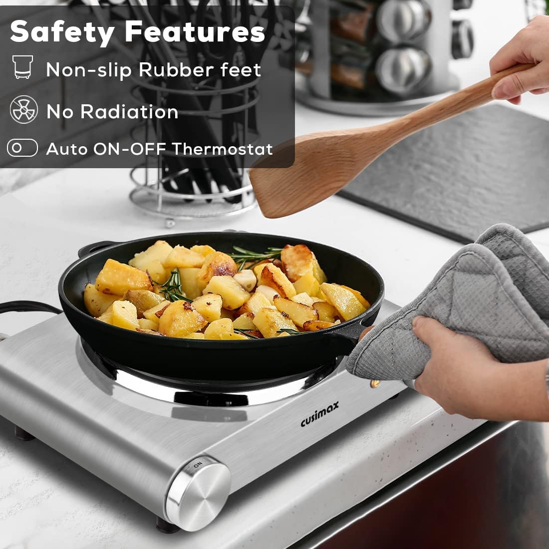 CUSIMAX 1800W Ceramic Electric Hot Plate for Cooking, Dual Control Infrared Cooktop, Double Burner, Portable Countertop Burner, Glass Plate Electric Cooktop, Silver, Stainless Steel-Upgraded Version