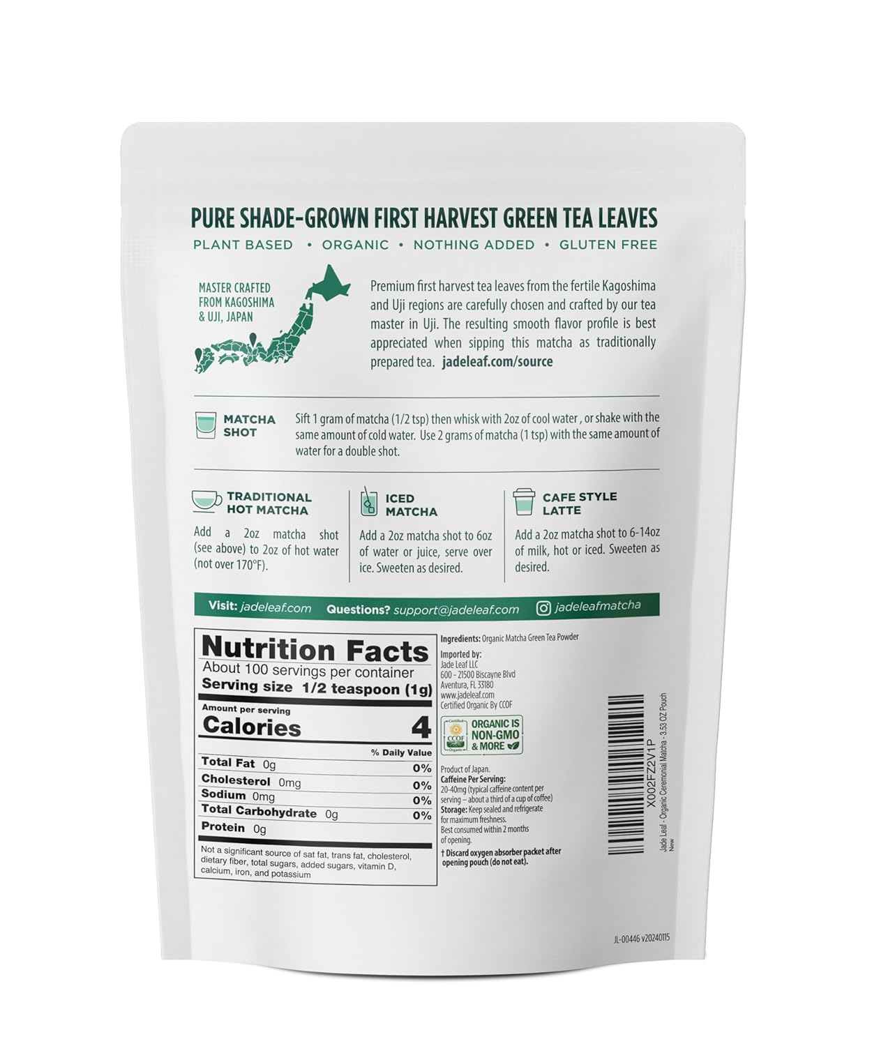 Jade Leaf Matcha Organic Green Tea Powder - Culinary Grade Premium Second Harvest - Authentic Japanese Origin (1.06 Ounce Pouch)