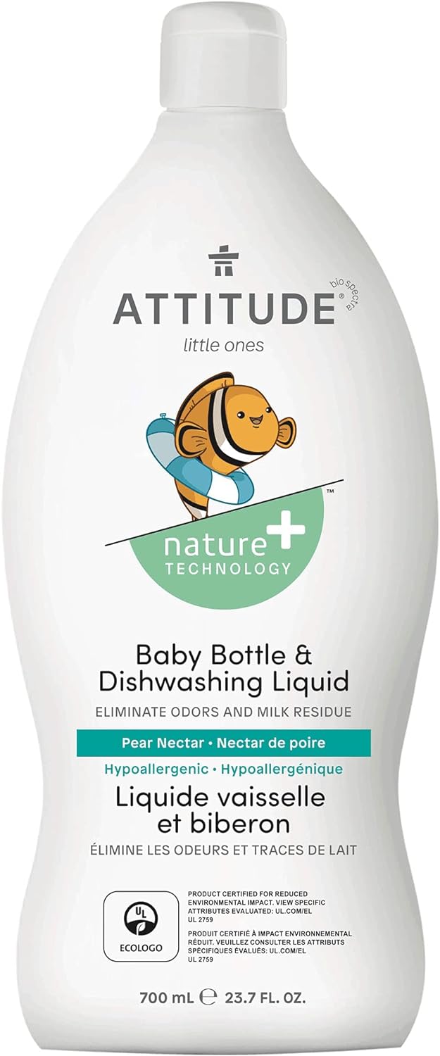 ATTITUDE Baby Dish Soap and Bottle Cleaner, EWG Verified Dishwashing Liquid, No Added Dyes or Fragrances, Tough on Milk Residue and Grease, Vegan, Unscented, 33.8 Fl Oz