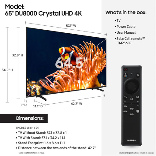 【2025 Best Choice + Free Shipping】SAMSUNG 65-Inch Class 4K Crystal UHD DU8000 Series HDR Smart TV w/Object Tracking Sound Lite, Motion Xcelerator, Ultra Slim Design, Gaming Hub, Alexa Built-in (UN65DU8000, 2024 Model)