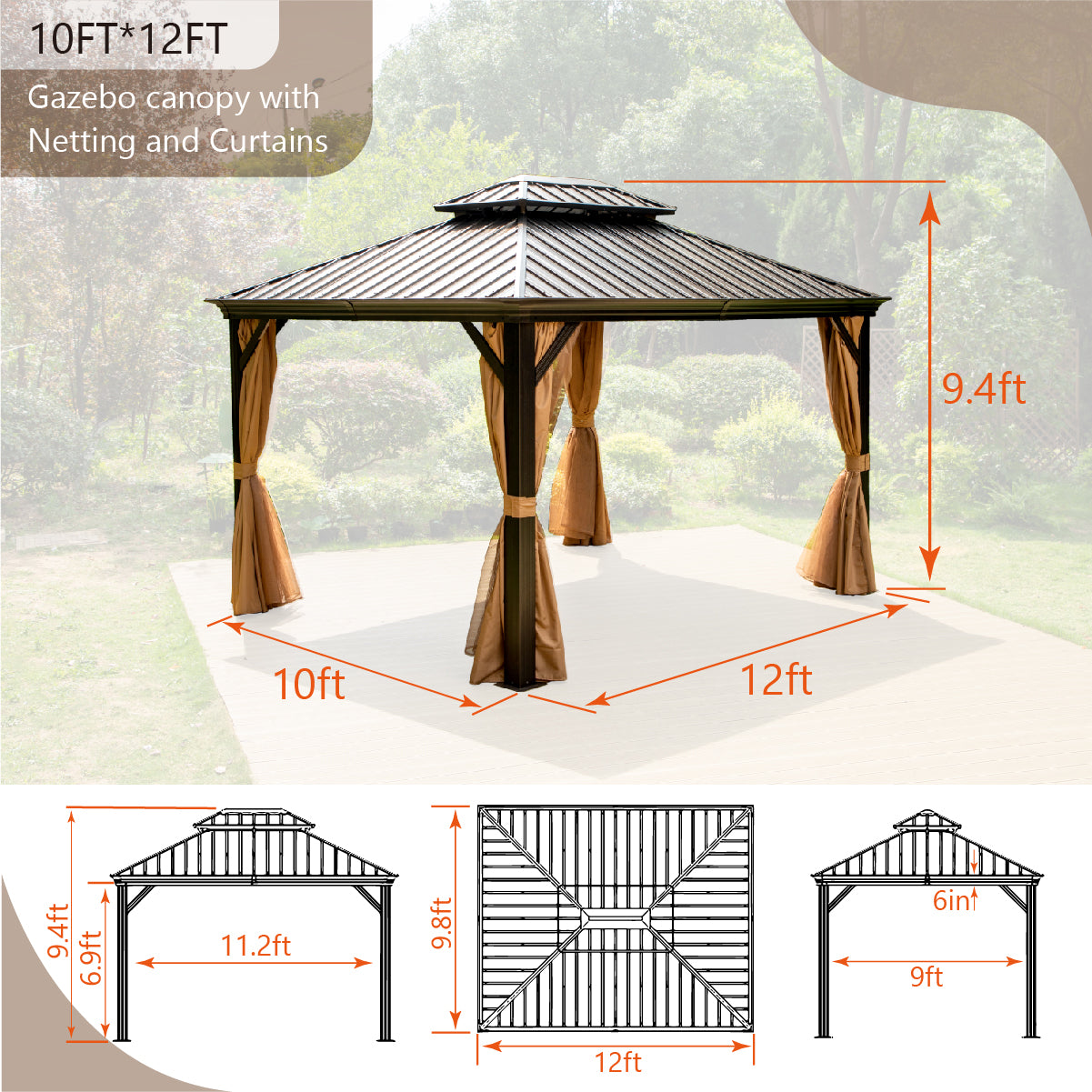 10' X 12' Outdoor Hardtop Gazebo Double Roof Canopy with Curtains and Netting