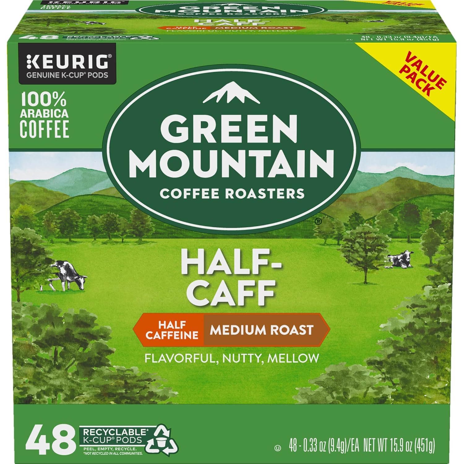 Green Mountain Coffee Roasters Half Caff Keurig Single-Serve K-Cup pods, Medium Roast Coffee, 72 Count (6 Packs of 12)