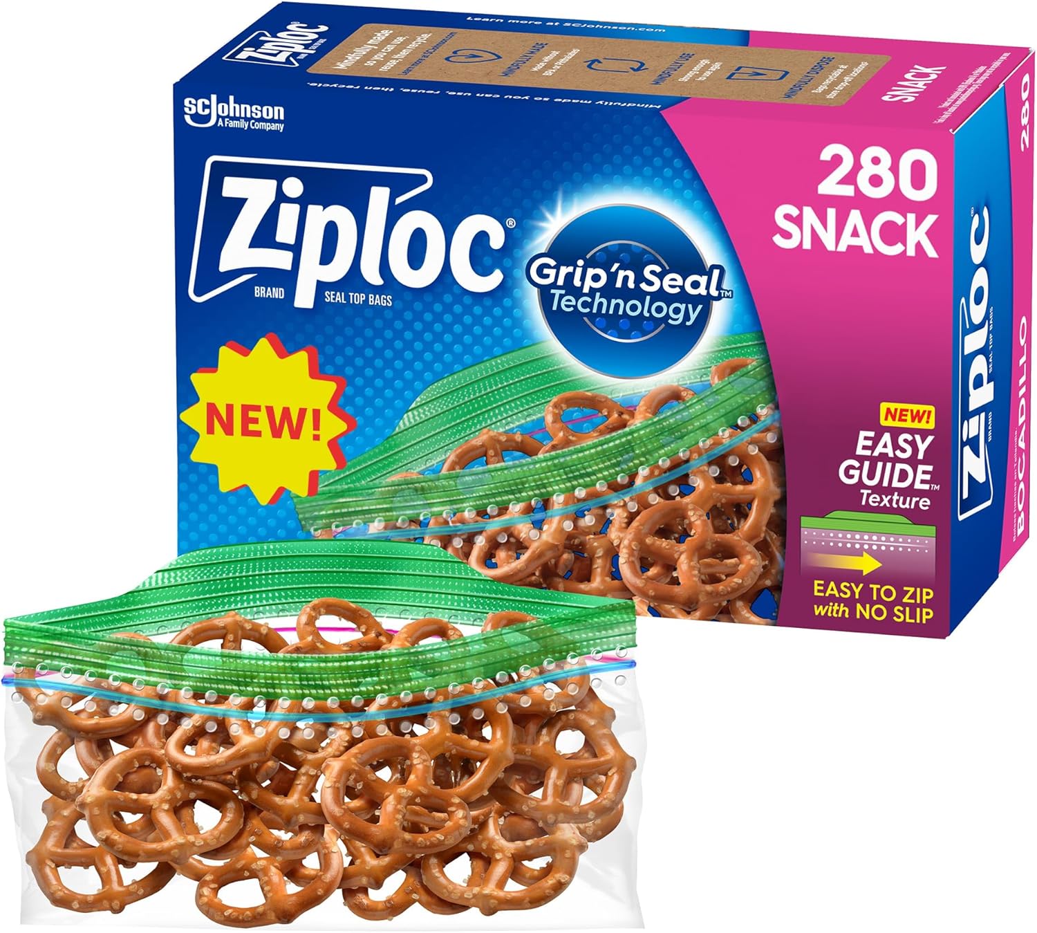 Ziploc Snack Bags with EasyGuide Texture, Small Plastic Storage Bags with Grip 'N Seal Technology, 280 Bags Total