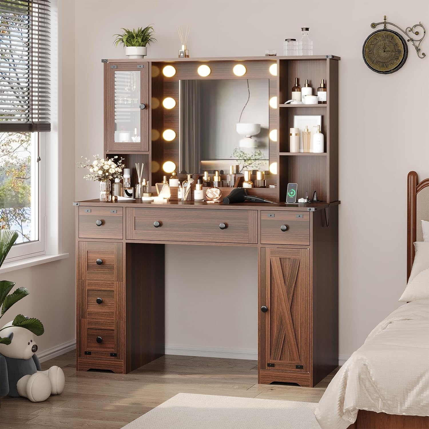 DICTAC Farmhouse Makeup Vanity Desk with Mirror and Lights, Large Vanity Table with Charging Station, 43'' Bedroom Dressing Table with 6 Drawers & 2 Cabinets, 3 Color Lighting Modes, Brown