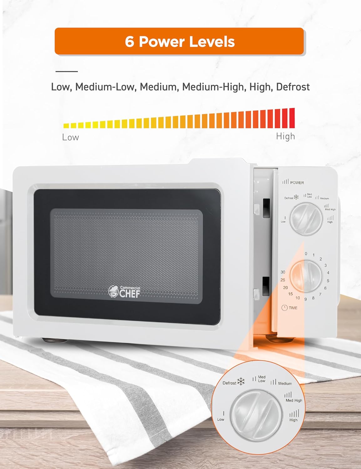 COMMERCIAL CHEF 0.6 Cubic Foot Microwave with 6 Power Levels, Small Microwave with Grip Handle, 700W Countertop Microwave with 30 Minute Timer and Mechanical Dial Controls, White