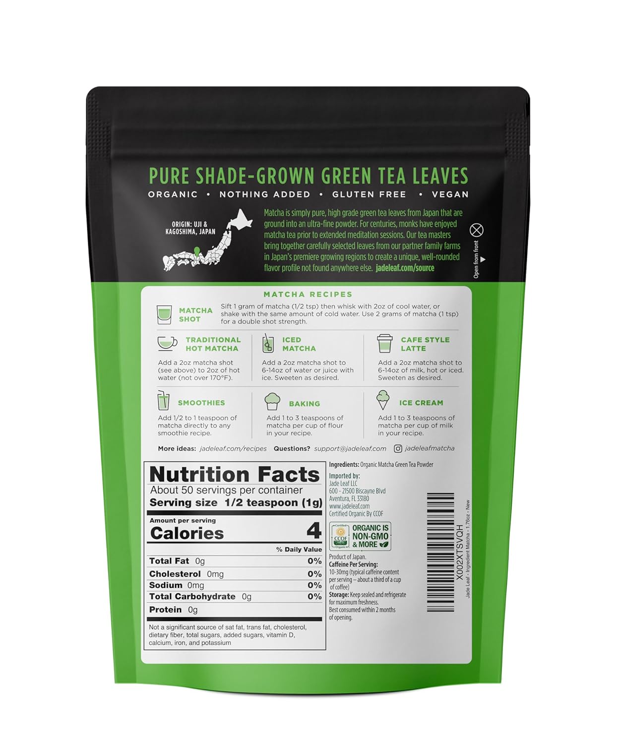 Jade Leaf Matcha Organic Green Tea Powder - Culinary Grade Premium Second Harvest - Authentic Japanese Origin (1.06 Ounce Pouch)