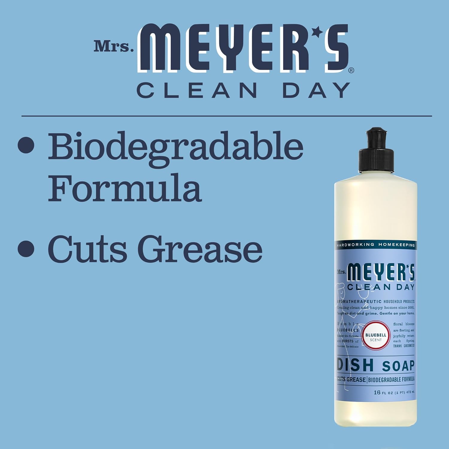 MRS. MEYER'S CLEAN DAY Liquid Dish Soap, Biodegradable Formula, Basil, 16 fl. oz - Pack of 3