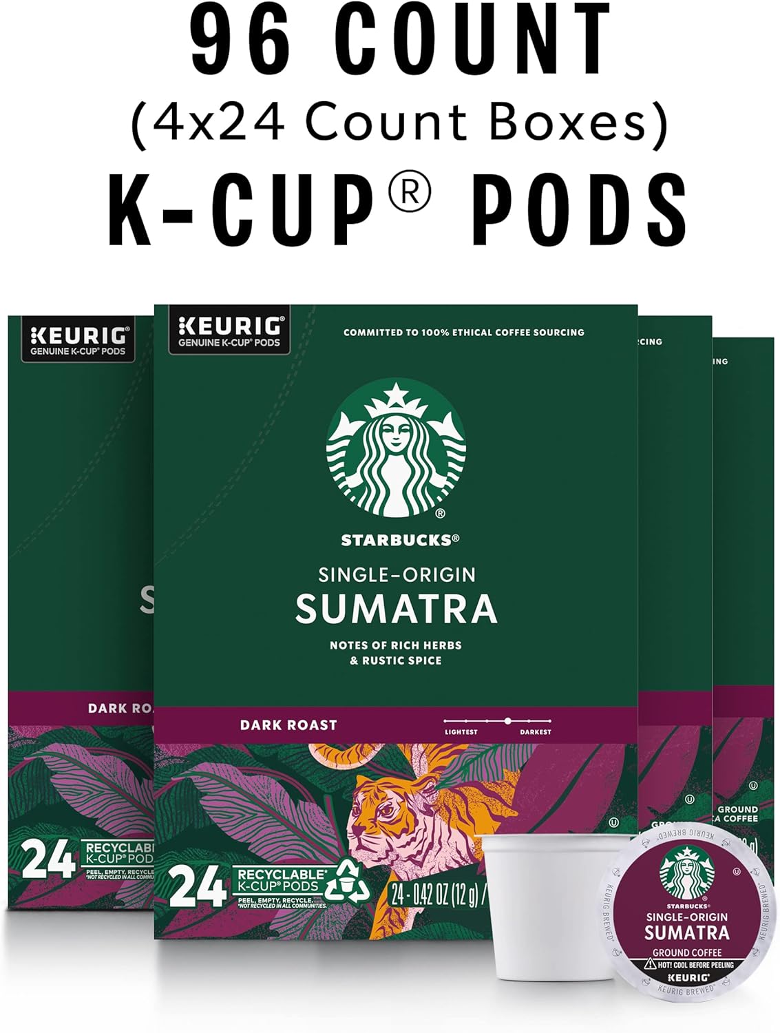 Starbucks K-Cup Coffee Pods, Dark Roast Coffee, French Roast for Keurig Brewers, 100% Arabica, 4 boxes (96 pods total)