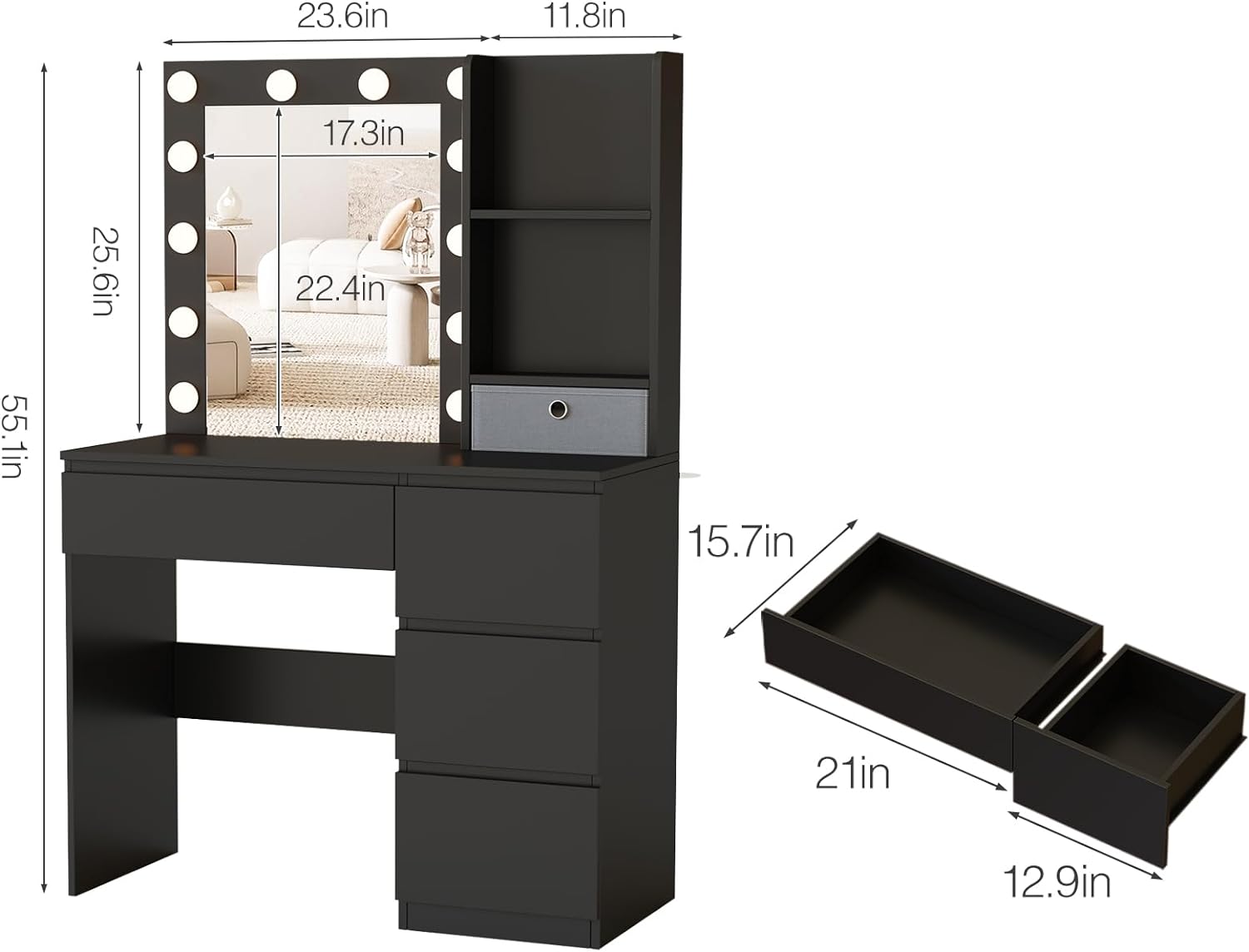 Vabches Makeup Vanity with Lights, 37inch Vanity Desk, 4 Large Drawers Dresser with Lighted Mirror, 3 Lighting Modes Brightness Adjustable
